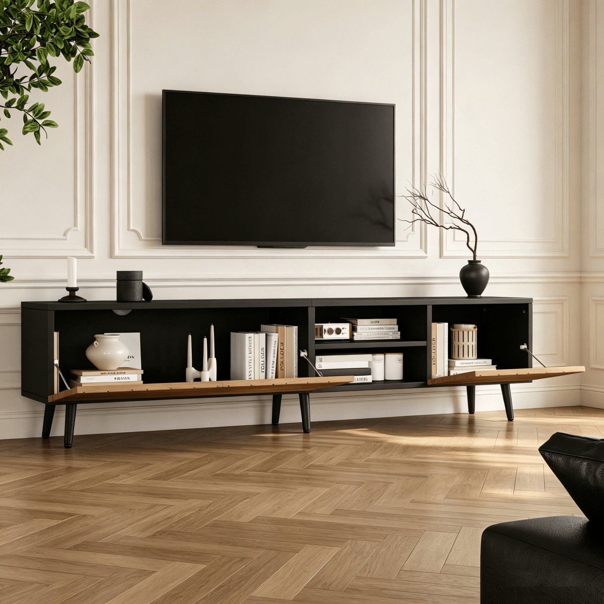 Modern Geometric TV Stand - Black Media Console with Storage Cabinets & Open Shelf