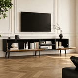 Modern Geometric TV Stand - Black Media Console with Storage Cabinets & Open Shelf