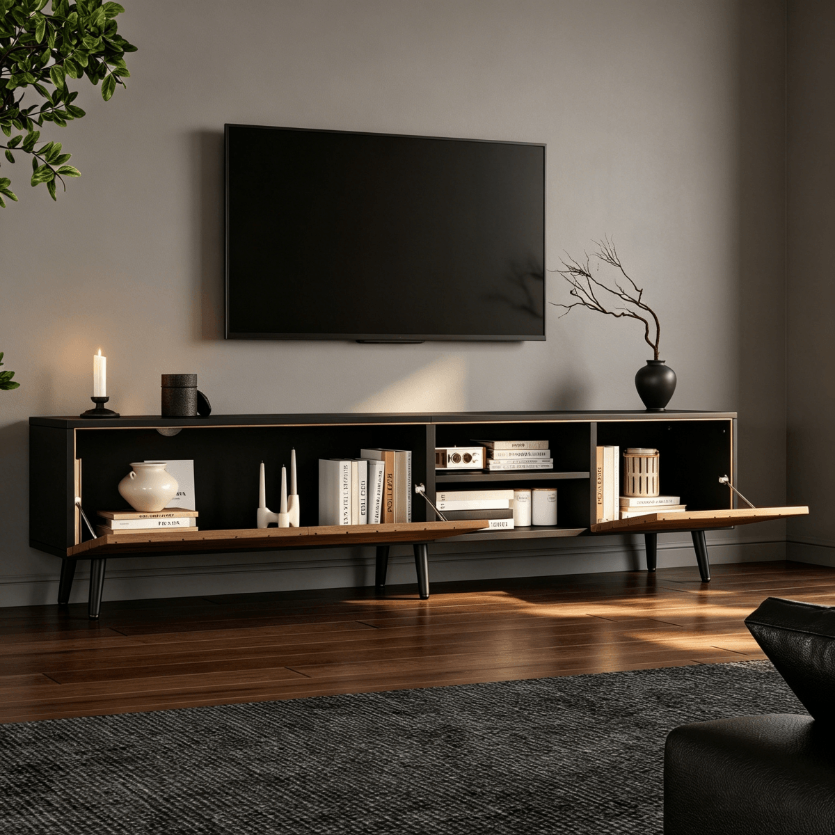 Modern Geometric TV Stand - Black Media Console with Storage Cabinets & Open Shelf