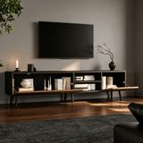 Modern Geometric TV Stand - Black Media Console with Storage Cabinets & Open Shelf
