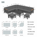ARVE 5-Seater Modular Aluminium Outdoor Corner Sofa Set – 7 Pieces · Teak Armrests · Olefin Cushions · Ceramic Glass Coffee Table