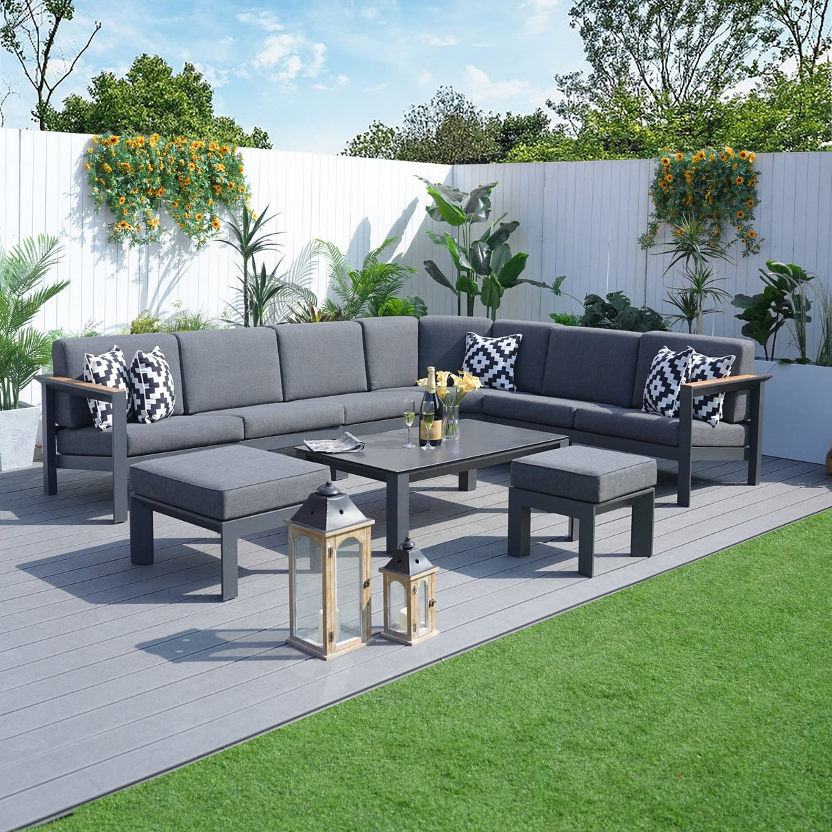 ARVE 5-Seater Modular Aluminium Outdoor Corner Sofa Set – 7 Pieces · Teak Armrests · Olefin Cushions · Ceramic Glass Coffee Table