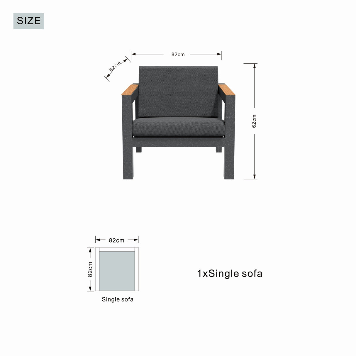 ARVE Single Outdoor Sofa – Aluminium Frame · Teak Armrests · Premium Olefin Cushions