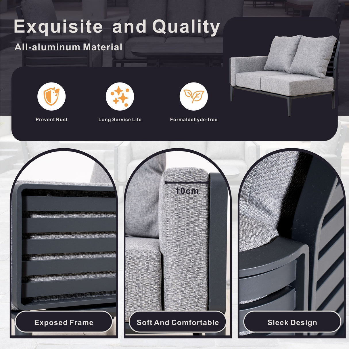 AUREL 9-Seater Aluminium Modular L-Shaped Outdoor Corner Sofa Set - 9 Pieces