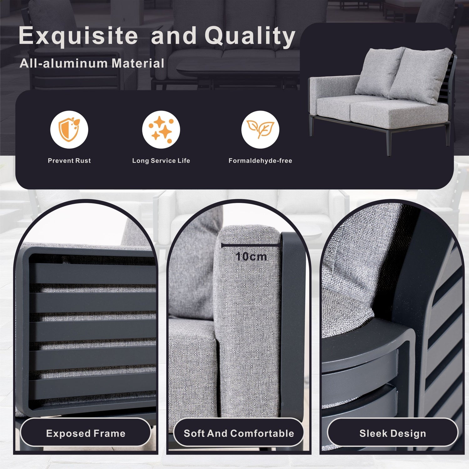 AUREL 9-Seater Aluminium Modular L-Shaped Outdoor Corner Sofa Set - 9 Pieces