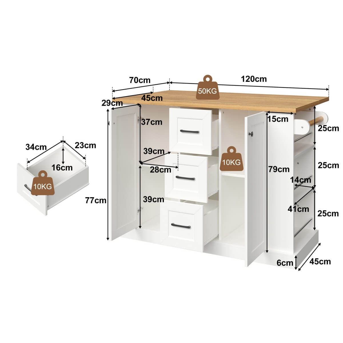 Kitchen Island Trolley with Foldable Worktop - Kitchen Cart on Wheels with Double-Sided 3-Tier Storage Shelves, 3 Drawers and Lockable Castors