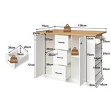 Kitchen Island Trolley with Foldable Worktop - Kitchen Cart on Wheels with Double-Sided 3-Tier Storage Shelves, 3 Drawers and Lockable Castors
