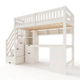 Single High Sleeper Bed with Desk and Storage Stairs - Wooden Loft Bed with Large Corner Desk, Shelves and Safety Guard Rails, White