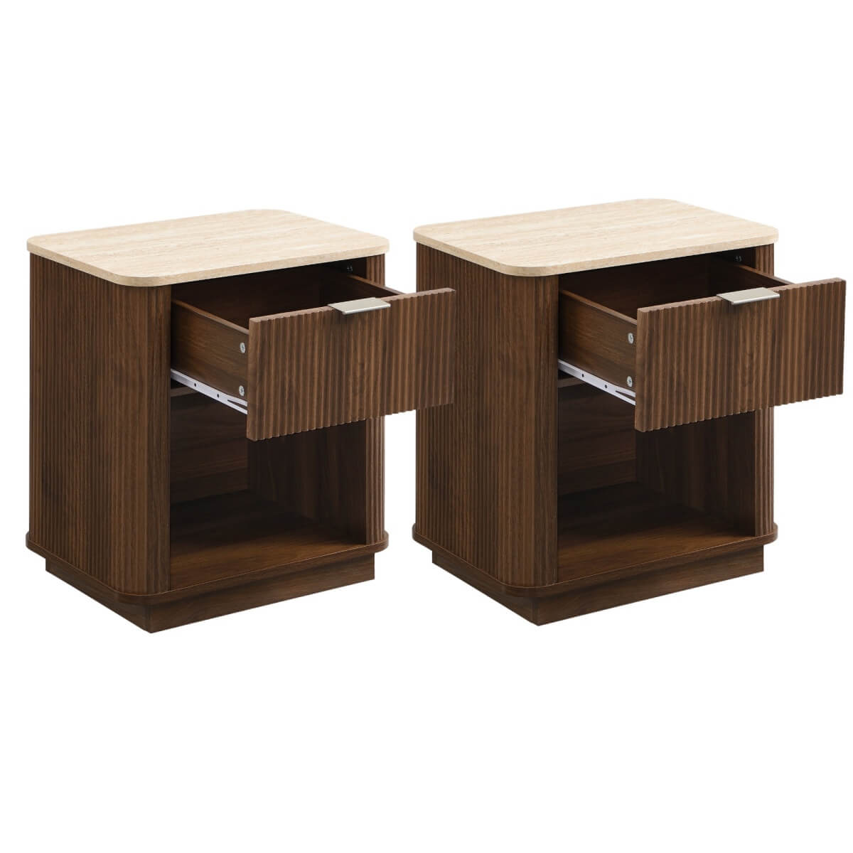 Set of 2 Modern Fluted Bedside Tables - Walnut Effect with Travertine Effect Tops, Drawer and Open Shelf