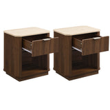 Set of 2 Modern Fluted Bedside Tables - Walnut Effect with Travertine Effect Tops, Drawer and Open Shelf