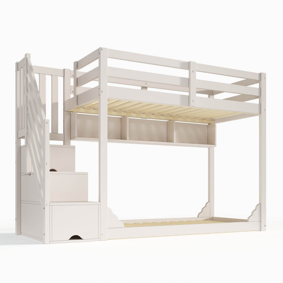 Kids Bunk Bed with Storage Stairs - Solid Wood Bunk Beds with 3 Open Shelves and Wraparound Safety Rails, White