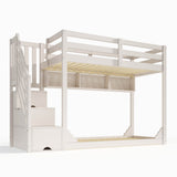 Kids Bunk Bed with Storage Stairs - Solid Wood Bunk Beds with 3 Open Shelves and Wraparound Safety Rails, White