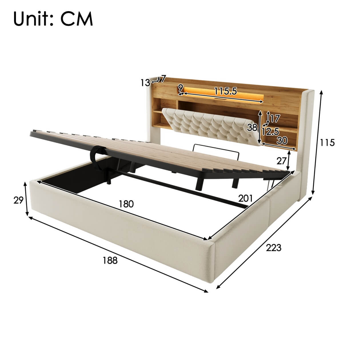 6ft Super King Upholstered Storage Bed with Hydraulic Lift - LED Lighting & Charging Station, Linen, Beige
