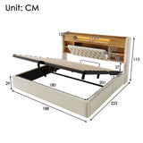 6ft Super King Upholstered Storage Bed with Hydraulic Lift - LED Lighting & Charging Station, Linen, Beige