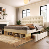 4ft6 Double Velvet Storage Bed - Upholstered Bed Frame with Drawers and Adjustable Headboard, Beige