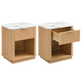 Set of 2 Modern Fluted Bedside Tables - Oak Effect with Marble Effect Tops, Drawer and Open Shelf