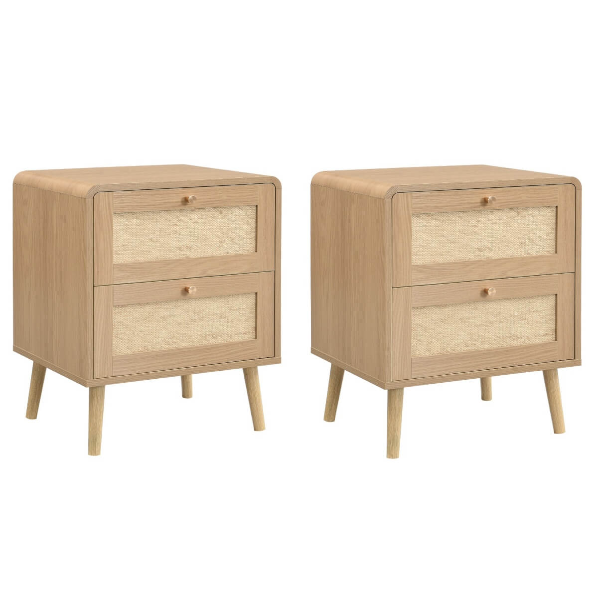 Set of 2 Rattan Effect Bedside Tables with 2 Drawers - Rounded Corners and Raised Legs, Natural Oak