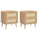 Set of 2 Rattan Effect Bedside Tables with 2 Drawers - Rounded Corners and Raised Legs, Natural Oak