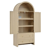 Rattan Effect Sideboard with 2 Drawers - Vintage Storage Cabinet with Arched Design for Living Room and Bedroom, Oak