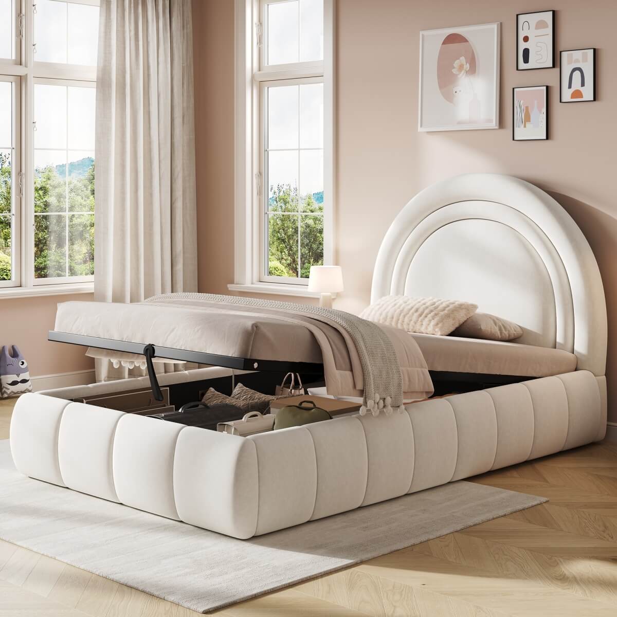 3ft Single Velvet Ottoman Bed - Upholstered Storage Bed with Headboard, Beige