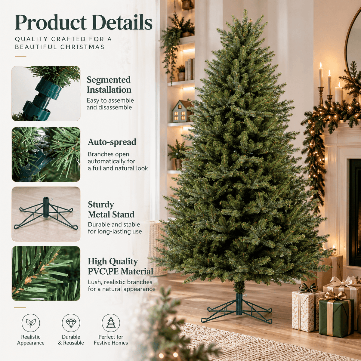 Realistic PE & PVC Artificial Christmas Tree - Full Mixed-Foliage Xmas Tree for a Lush Festive Look, 7ft/8ft/9ft