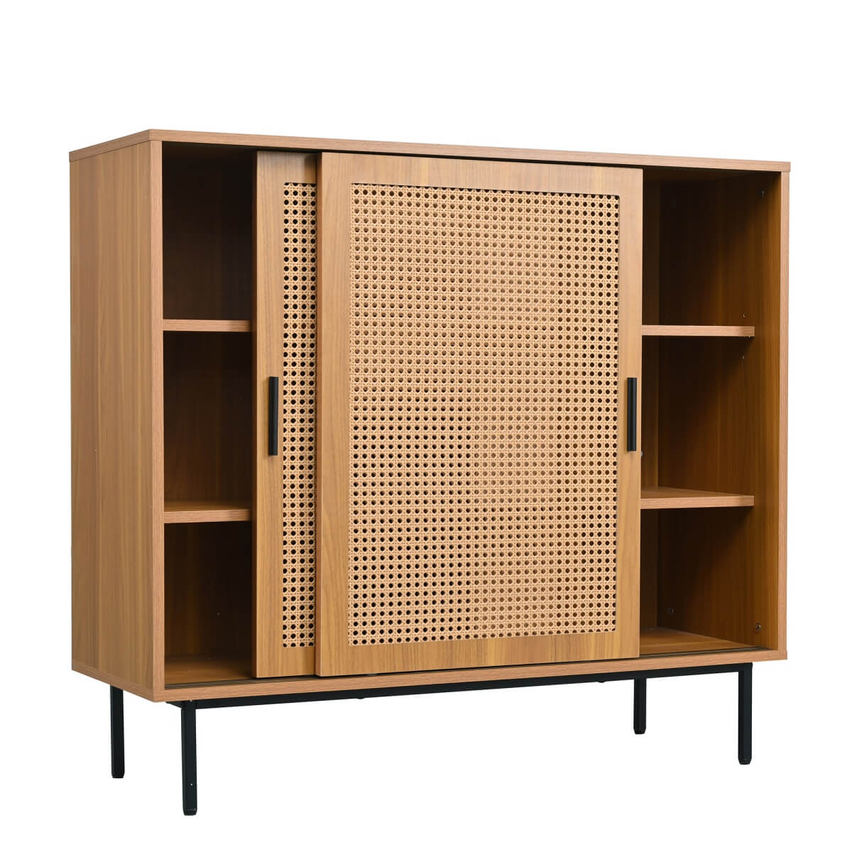 Rattan Sideboard Cabinet - Walnut Storage Cupboard with Sliding Barn Doors and Adjustable Shelves