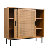 Rattan Sideboard Cabinet - Walnut Storage Cupboard with Sliding Barn Doors and Adjustable Shelves