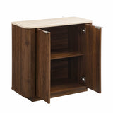 Fluted 2-Door Sideboard - Walnut Effect with Travertine Effect Top, 2-Tier Shelves, Rounded Corners and Metal Handles