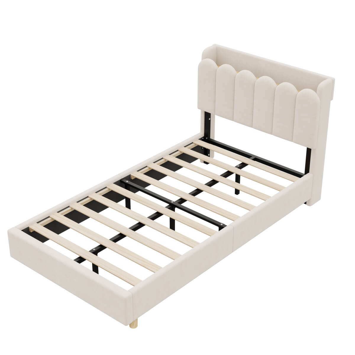 3ft Single Upholstered Storage Bed - Velvet Bed Frame with Storage Headboard, USB & Type-C Charging Ports and Reading Light, Beige