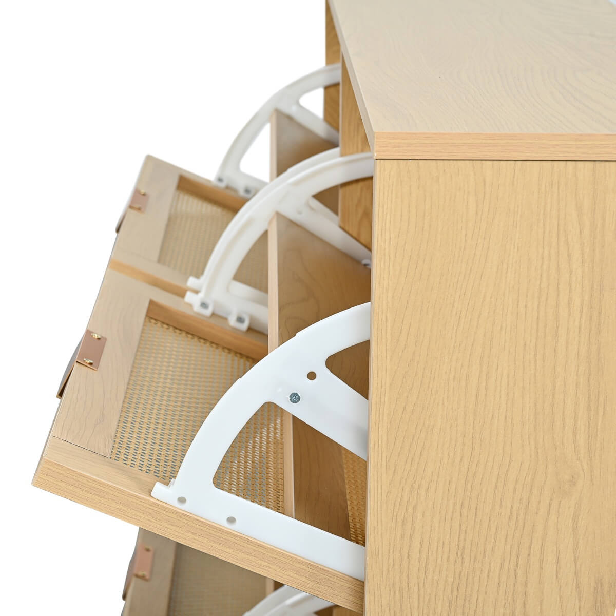 Rattan Shoe Storage Cabinet with 4 Flip Drawers - Wooden Hallway Shoe Organiser, Light Oak