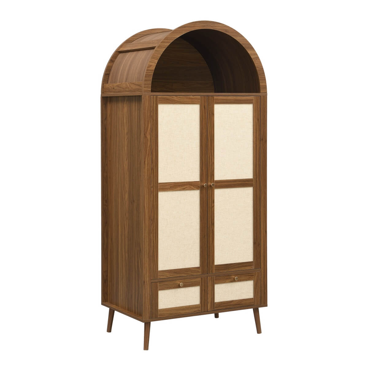 180cm Rattan Effect 2 Door Wardrobe with Arched Top - Walnut and Beige Storage Wardrobe with Hanging Rail, Display Shelf and 2 Drawers