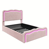 3ft Single Velvet Ottoman Storage Bed - Upholstered Hydraulic Bed with LED Lights, Wave Headboard and Metal Slatted Base, Pink