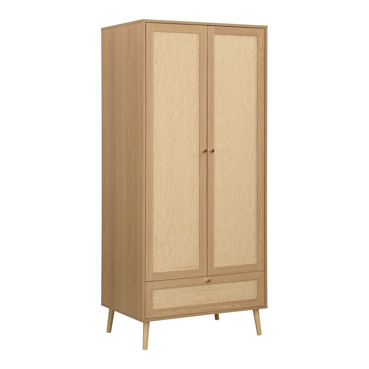 2 Door Rattan Effect Wardrobe with Drawer - Bedroom Storage Cabinet with Hanging Rail and Raised Legs, Natural Oak