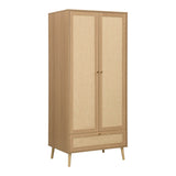 2 Door Rattan Effect Wardrobe with Drawer - Bedroom Storage Cabinet with Hanging Rail and Raised Legs, Natural Oak
