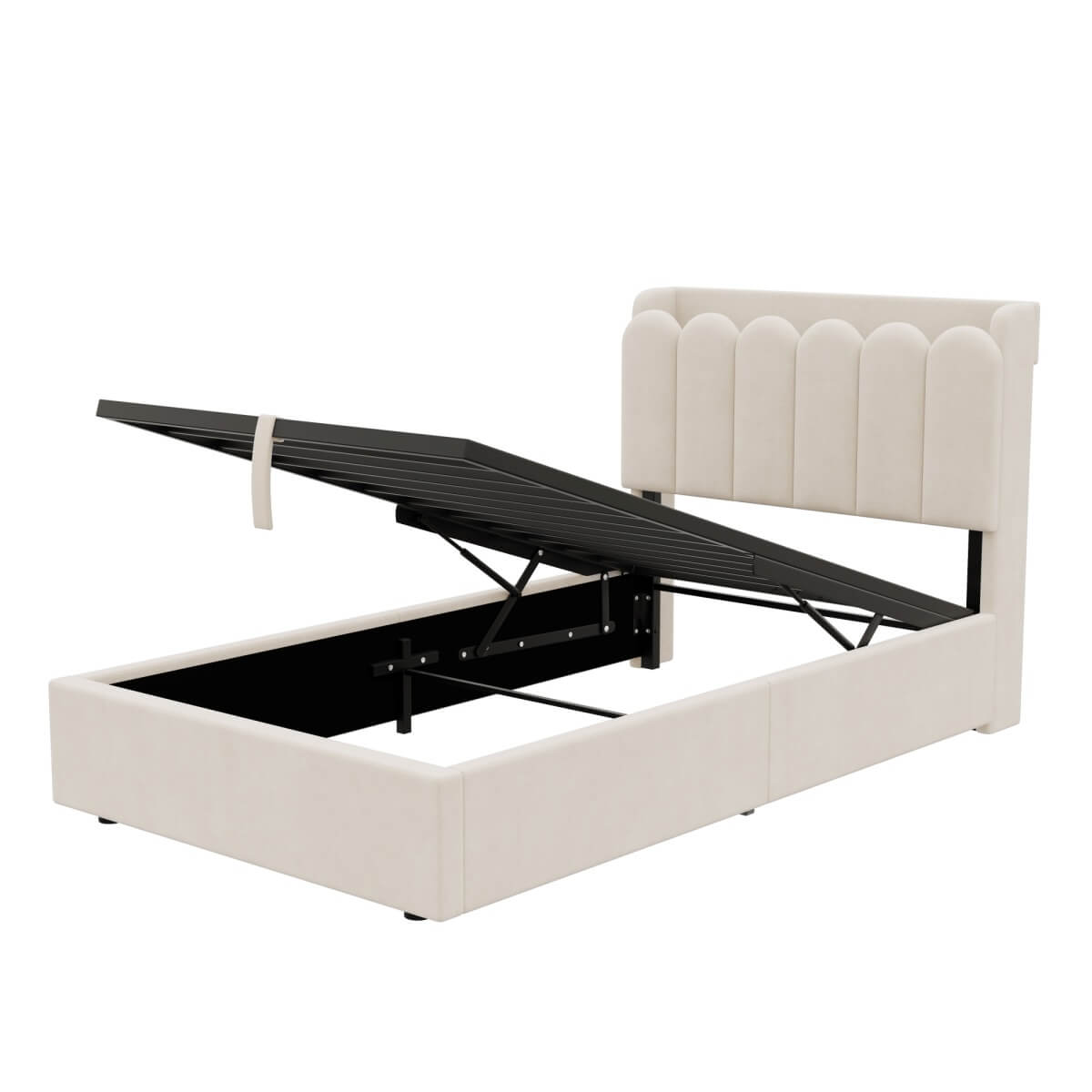 3ft Single Upholstered Ottoman Storage Bed - Velvet Bed Frame with Hydraulic Lift-Up Storage, Storage Headboard, USB & Type-C Charging Ports & Reading Light, Beige