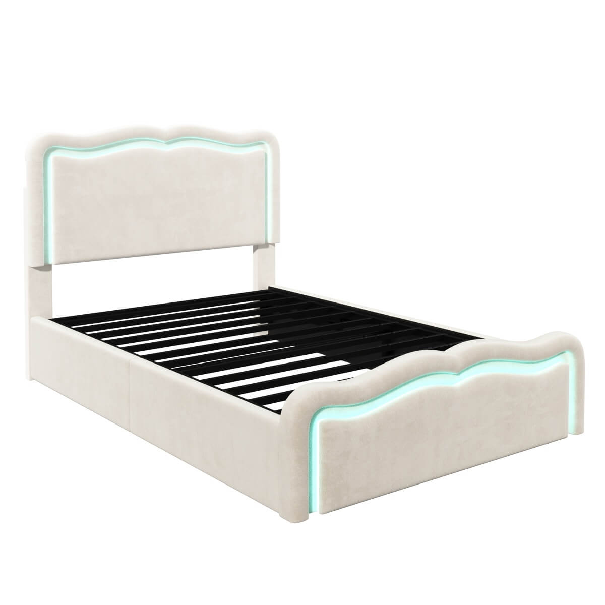 3ft Single Velvet Ottoman Storage Bed - Upholstered Hydraulic Bed with LED Lights, Wave Headboard and Metal Slatted Base, Cream White