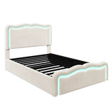 3ft Single Velvet Ottoman Storage Bed - Upholstered Hydraulic Bed with LED Lights, Wave Headboard and Metal Slatted Base, Cream White