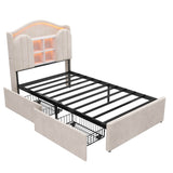 3ft Single Kids Upholstered Bed - House-Inspired LED Storage Headboard, Charging Station and 2 Reversible Drawers, Cream White