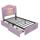 3ft Single Kids Upholstered Bed - House-Inspired LED Storage Headboard, Charging Station and 2 Reversible Drawers, Purple