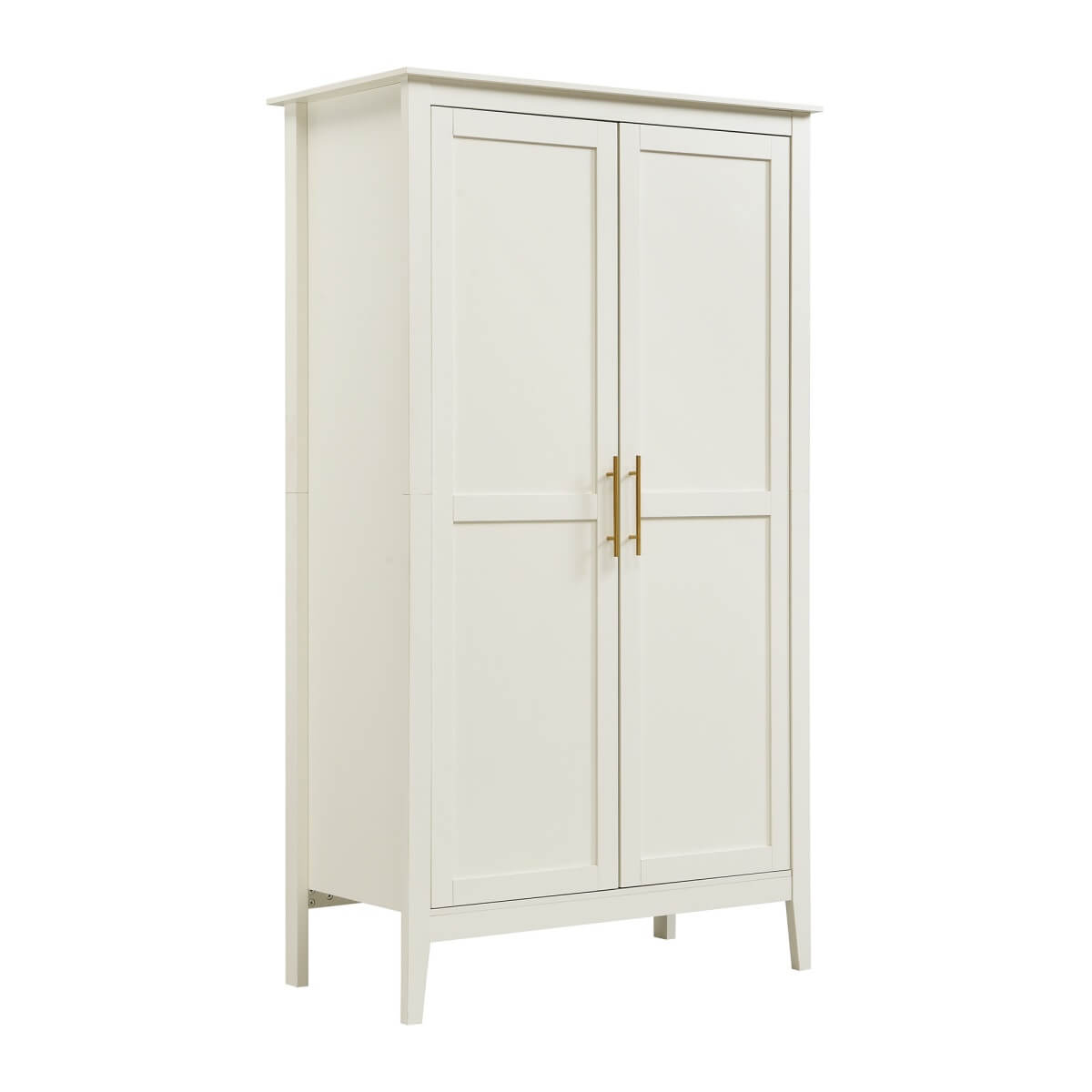 2-Door Freestanding Wardrobe - Hanging Rail, Storage Shelf, Gold Handles and Raised Legs, Cream White