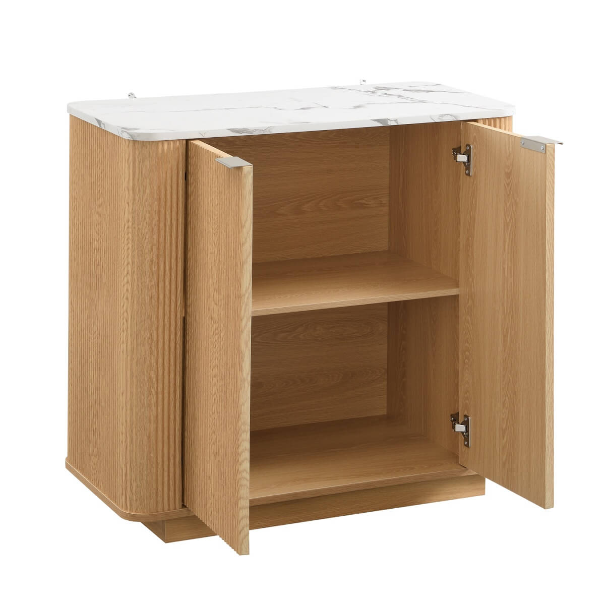 Fluted 2-Door Sideboard - Oak Effect with Marble Effect Top, 2-Tier Shelves, Rounded Corners and Metal Handles