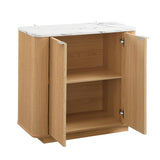 Fluted 2-Door Sideboard - Oak Effect with Marble Effect Top, 2-Tier Shelves, Rounded Corners and Metal Handles