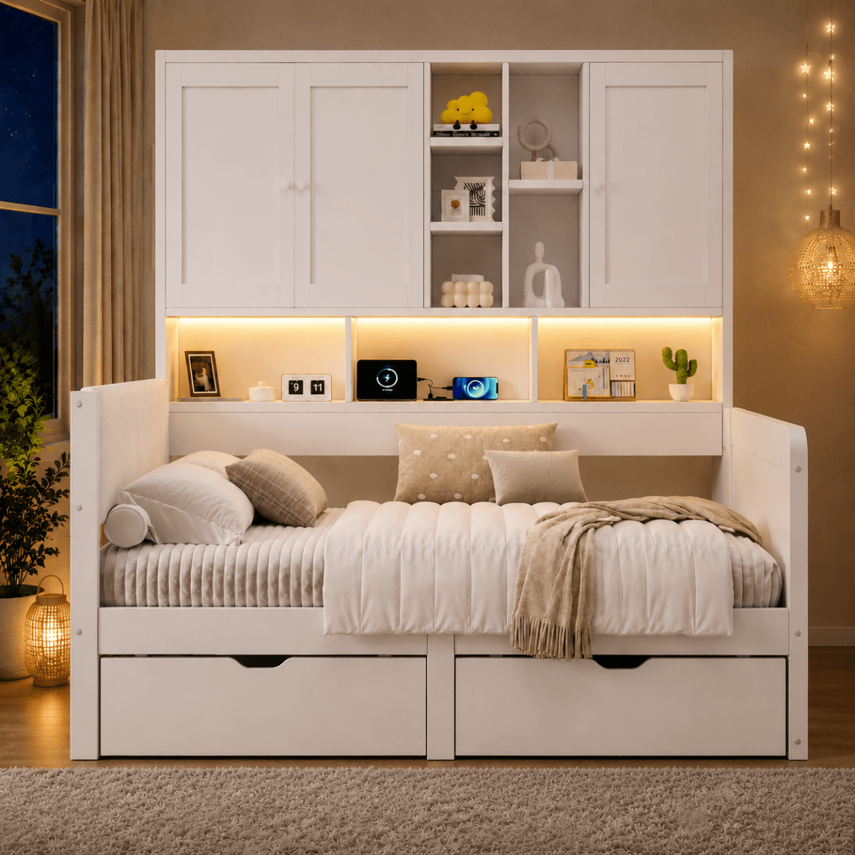 3ft Single Kids Storage Bed with Overbed Cabinets - White Bed Frame with 2 Drawers, RGB LED Lights, USB Charging Station and PU Headboard