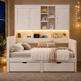 3ft Single Kids Storage Bed with Overbed Cabinets - White Bed Frame with 2 Drawers, RGB LED Lights, USB Charging Station and PU Headboard