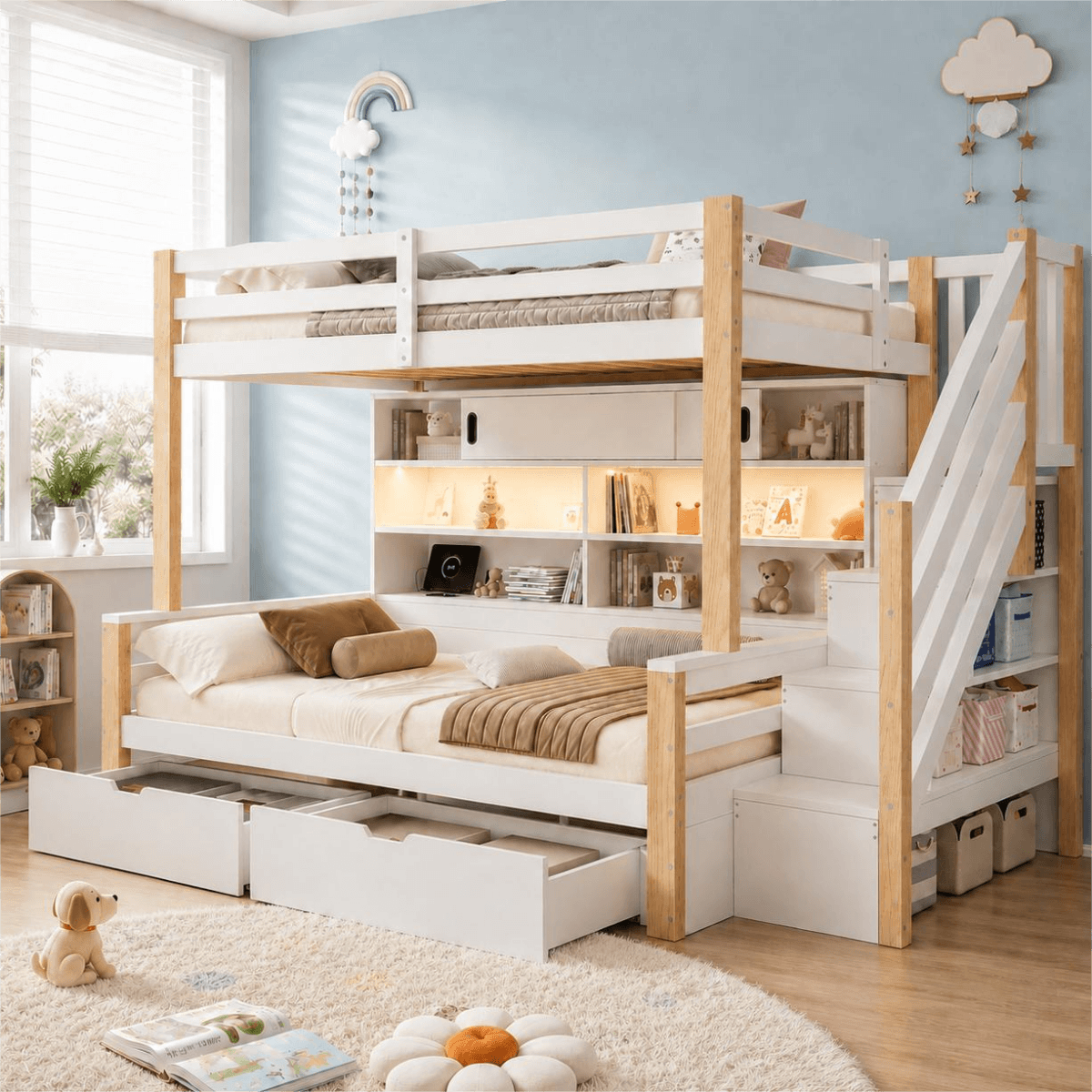 3ft Single Bunk Bed with Storage Staircase - Kids Bunk Bed Frame with Drawers, Shelves, LED Lights and Charging Station, White and Natural