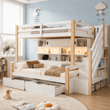 3ft Single Bunk Bed with Storage Staircase - Kids Bunk Bed Frame with Drawers, Shelves, LED Lights and Charging Station, White and Natural