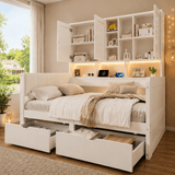 3ft Single Kids Storage Bed with Overbed Cabinets - White Bed Frame with 2 Drawers, RGB LED Lights, USB Charging Station and PU Headboard