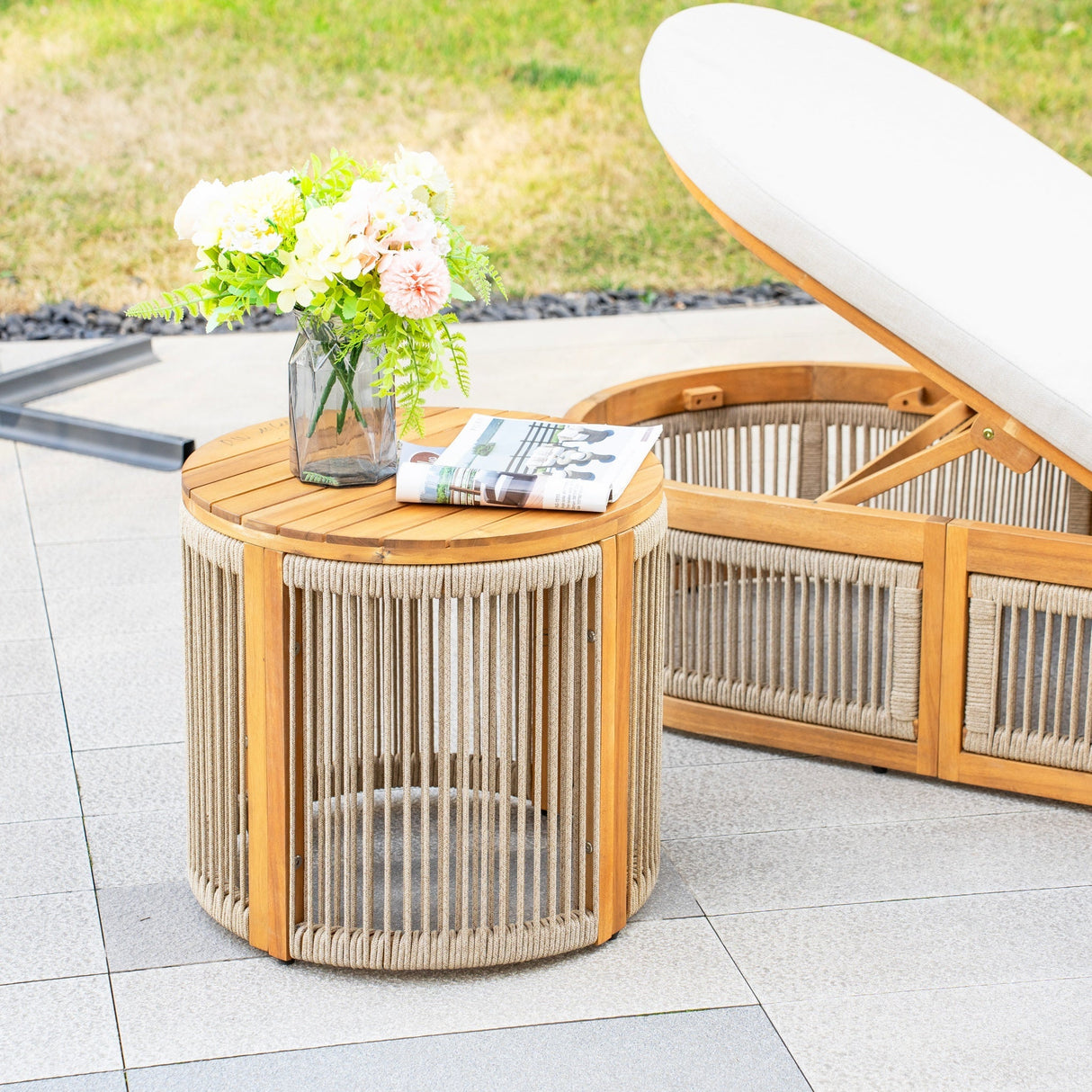 CAVEN Solid Wood Adjustable Sun Lounger Set - 2 Loungers with Side Tables