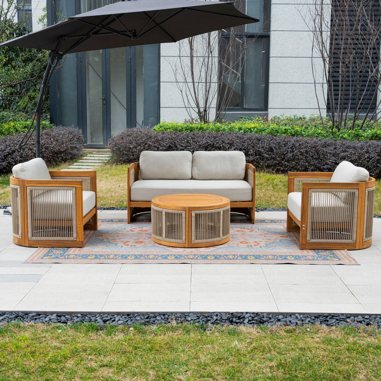 CAVEN 4-Seater Solid Wood Garden Sofa Set - 4-Piece Outdoor Sofa Set with Cushions
