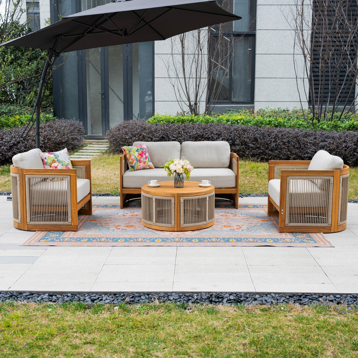 CAVEN 4-Seater Solid Wood Garden Sofa Set - 4-Piece Outdoor Sofa Set with Cushions